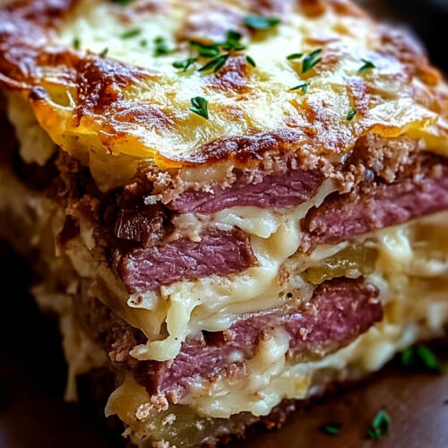 A close-up of a layered Reuben bake with golden, crispy melted cheese on top