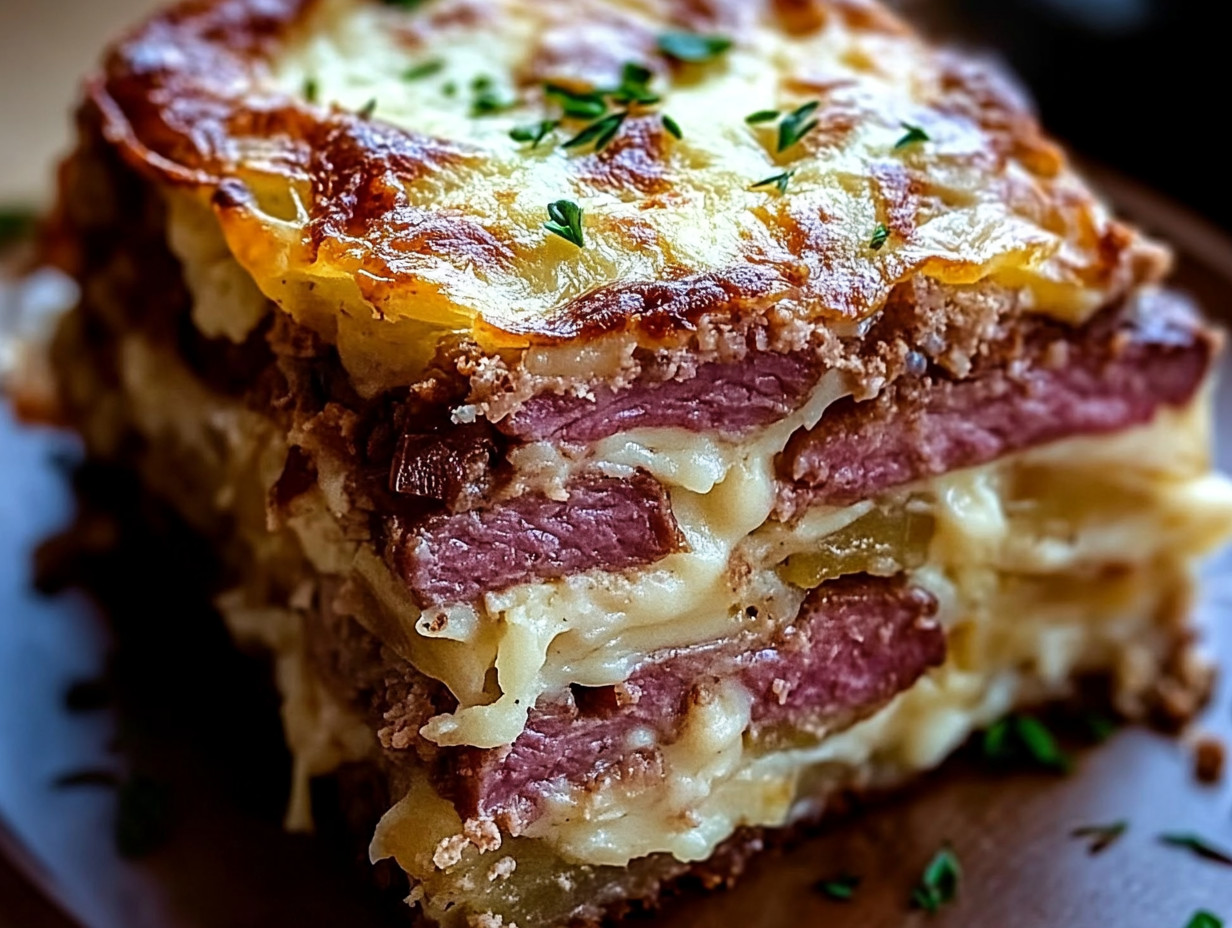 A close-up of a layered Reuben bake with golden, crispy melted cheese on top